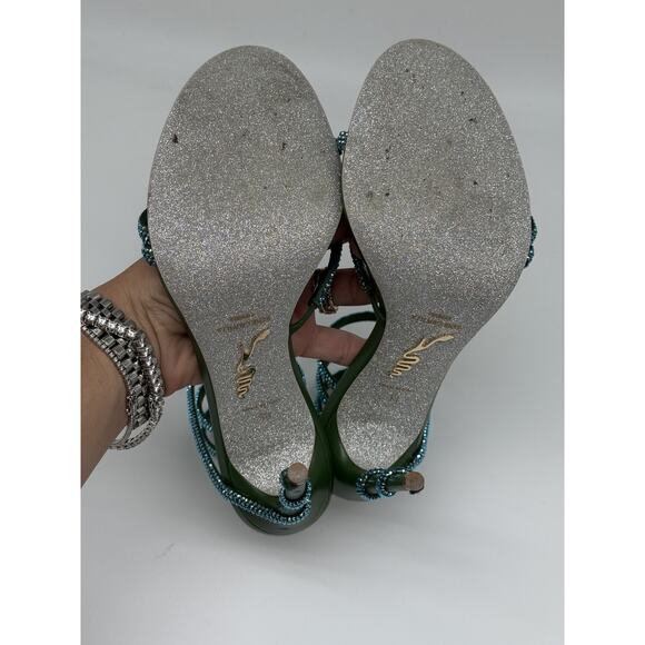 Rene Caovilla Cleo Crystal Embellished 105 Strappy Sandals Green Women's Size 38 - Picture 8 of 16